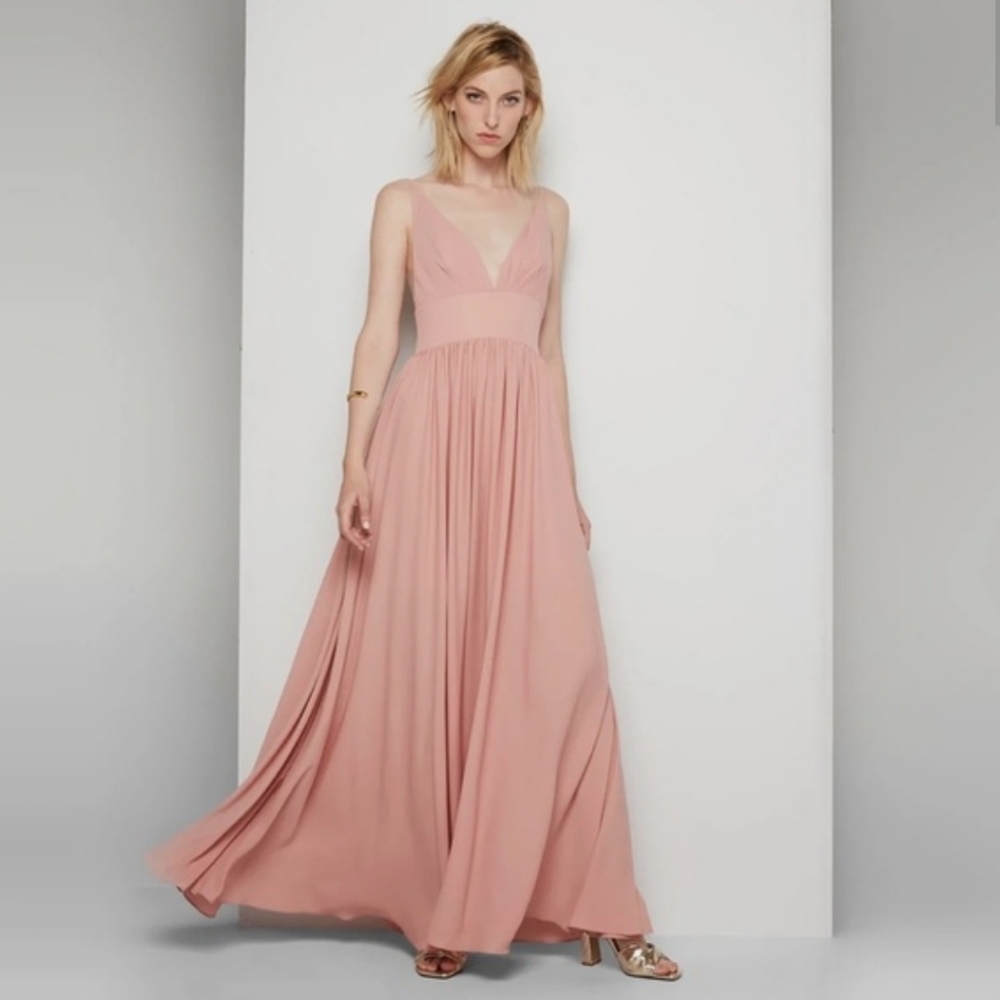 Fame And Partners Maxi Dress Dusty Pink Stella Gown Slit Womens Medium Bridal